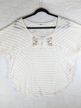 Free People Cream Crochet Embroidered Flutter Sleeve Top